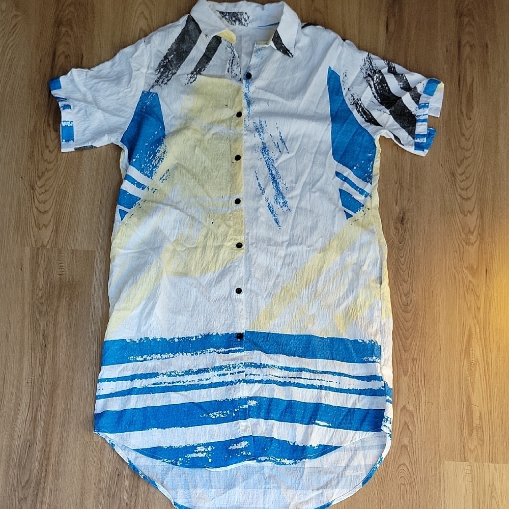 Blue and Yellow Midi Dress with Abstract Design and Relaxed Fit